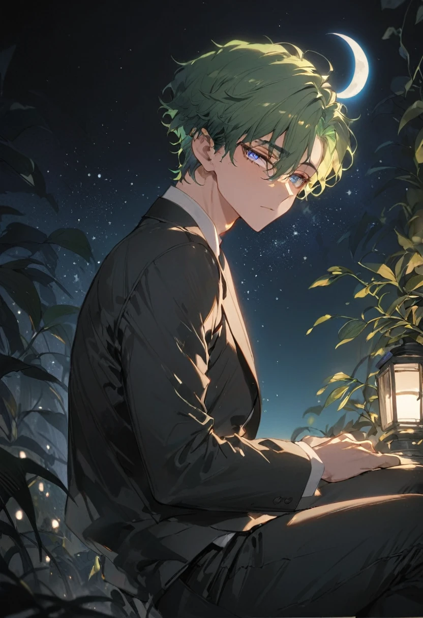 A young man with Green hair, green eyes, a black suit stood with his back turned half-face smoking a cigarette in his room at night.