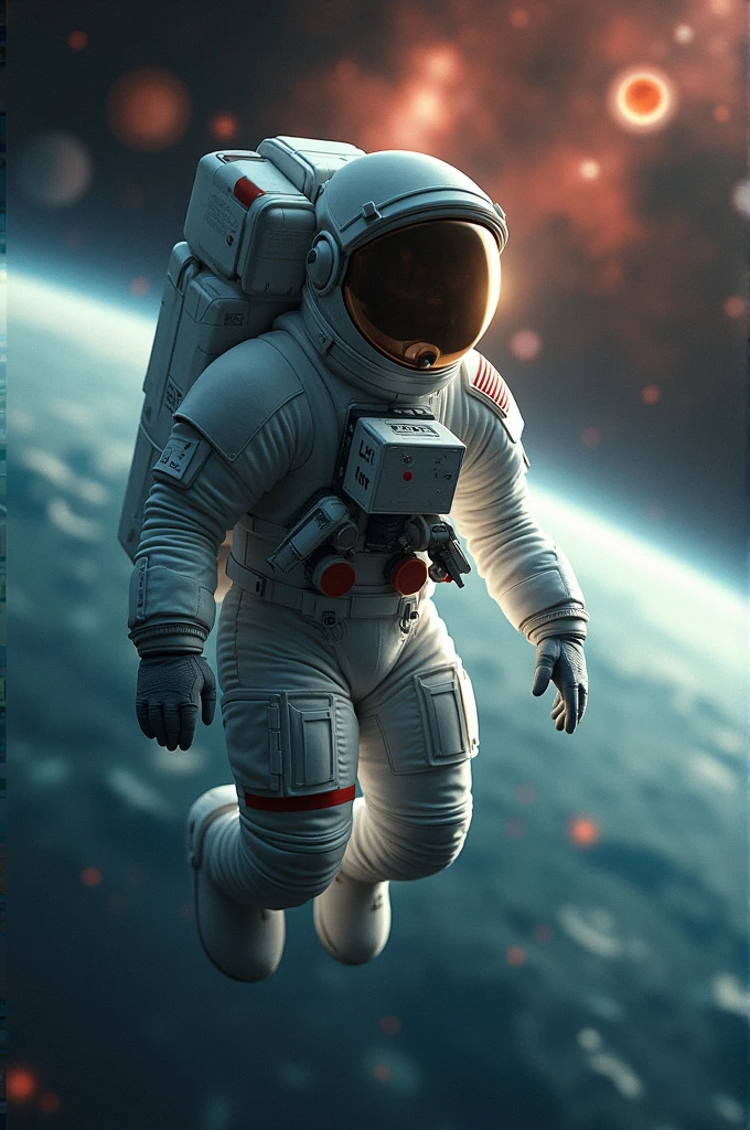 Astronaut floating in space with the planets behind and Zoe on his helmet
