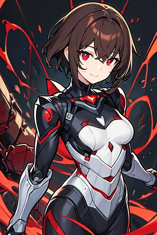 Robot woman, short brown hair, black eyes with red pupil, with roses and thorns all over the body, cables sticking out, terrifying, with a macabre smile, with blood