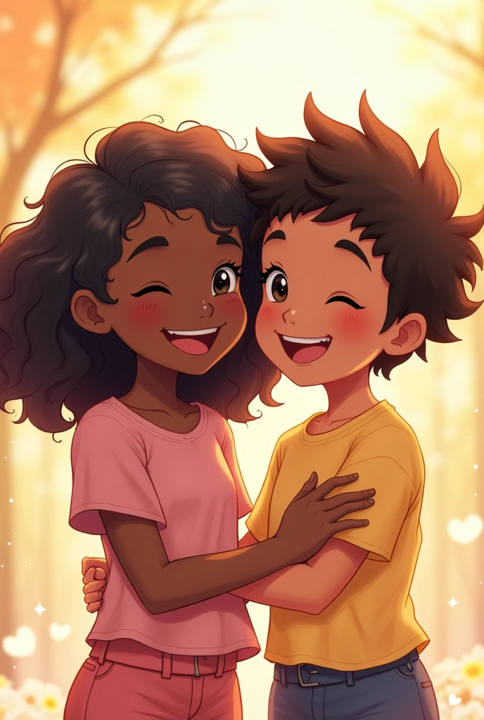 a short black girl with straight hair and a taller white boy with wavy hair hugging each other 