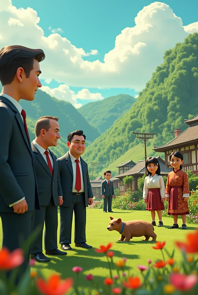 The Environmental Threat: A group of outsiders in formal attire with stern faces, surveying the village with plans to build a factory. The scene contrasts the harshness of industrial development with the village's natural beauty. 3d cartoon styles image 