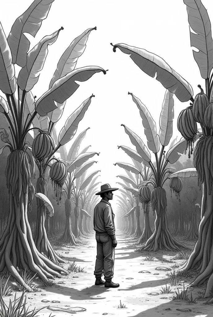 Create a black and white drawing that shows a farmer looking at his large banana plantation. Don't make it too realistic that you can draw it , make it less realistic but make the bananas stay on their bush , Make the plants taller and have the bananas hanging down