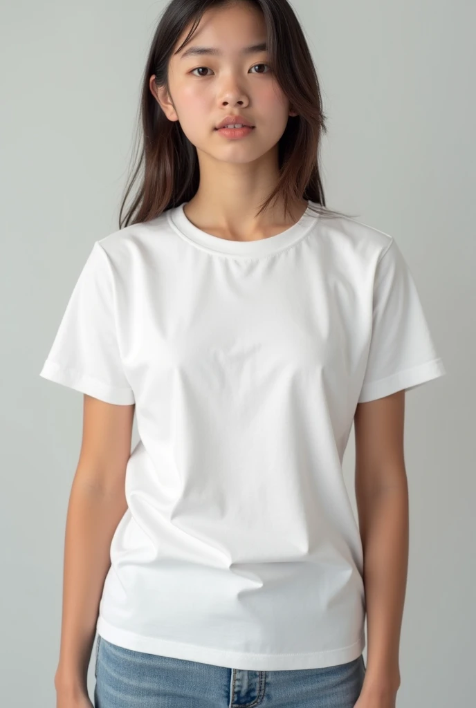 Wax a photo-realistic image of a age girl wearing a white t-shirt so that her face is not visible and center the entire t-shirt