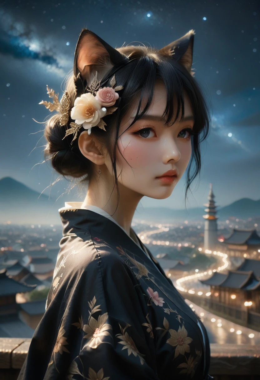 Anime girl with cat ears wearing a kimono with cat ears, shoulder looks, Anime Drawing by Yang Jay, Pixiv competition winner, serial art, digital anime illustration, Kawashi, anime style illustration, anime in 4k style, beautiful anime portrait, anime style portrait, anime style work, Works in the style of Gouweiz, Anime Illustrations, digital anime art, Detailed digital anime art, Beautiful starry sky, ((Beautiful night view))