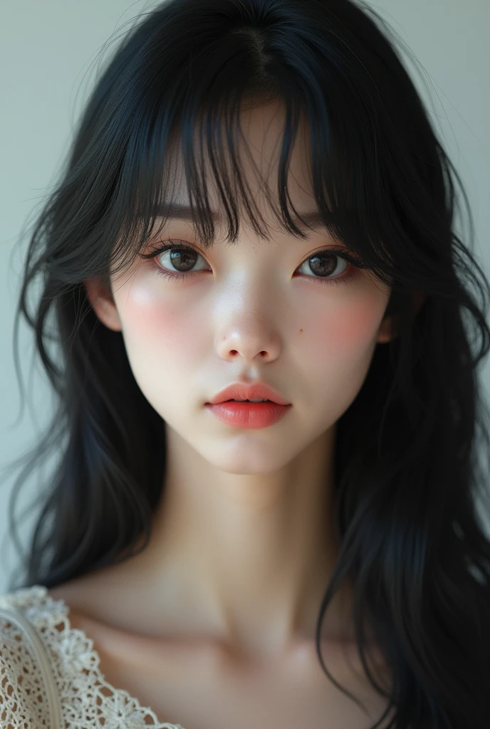 1 Asian girl, 15year old, long black hair, fringe, striking and extraordinary look, unique beauty, small and round nose, thick and pink mouth, big eyelashes, curved and beautiful, skin fair, pint in the nose, on the cheek and chin near the mouth, PICTURE REALISTIC, Extreme realism, 8 k quality