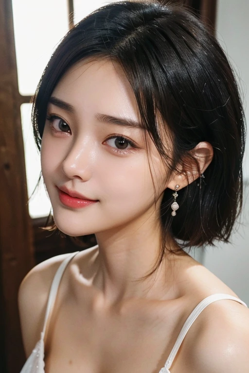 (2 pure Japanese girl,), (Small breasts:1.5,),(solo,,Textured skin, Detailed skin,Detailed face,Detailed eyes,detailed posing,Natural eyebrows,Sparkling Eyes,High detail, Highest quality, Super detailed, Surrealism, ,8k,RAW Photos,Photographicism,Professional Lighting,Ray Tracing,Portrait Photography,Soft Light),(((Black Hair, Natural Makeup,Simple earrings, Bob Hair,A seductive smile))),(((See-through,Put your chest close,Close-up,Dutch Angle, Chest girth, )))