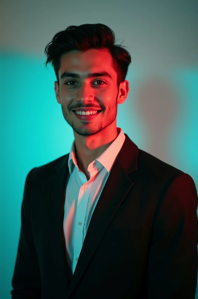 A young man with dark hair and a confident smile. He is dressed in a black blazer over a white shirt. The man is positioned against aqua colour backdrop with a subtle red lighting on the left side. and he posing for Linkedin profile