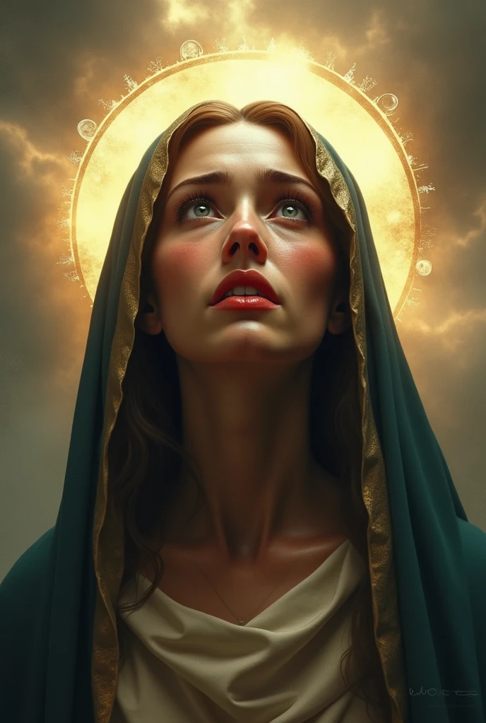 (photorealism:1.2), Beautiful Virgin Mary with halo looking up to heaven with tears and red eyes like the devil's