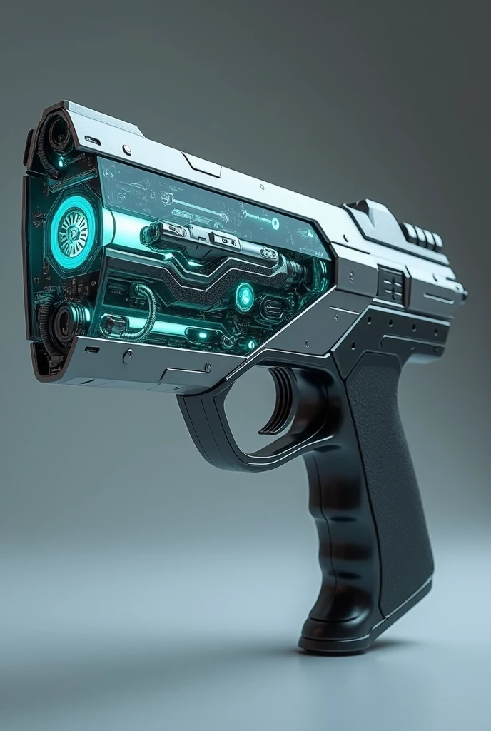 A gun that has a transparent part and is futuristic
