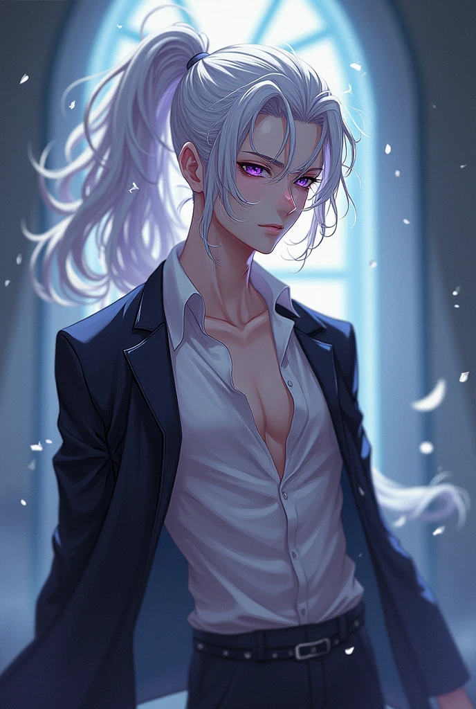 anime character, White hair, Curly hair, Pale skin, purple eyes, Long white eyelashes, male, muscular, ponytail