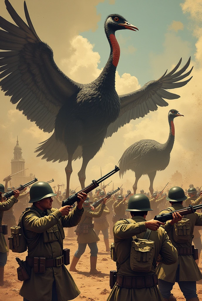there are many men in uniforms with guns and birds emu in the background, the emu birds of war, killing and fighting ,epic propaganda poster, the great war, old war poster, by Bob Eggleton, by David B. Mattingly, enormous, board game cover art, by Ignacio Zuloaga, enb, inspired by Bob Eggleton, by Elizabeth Durack