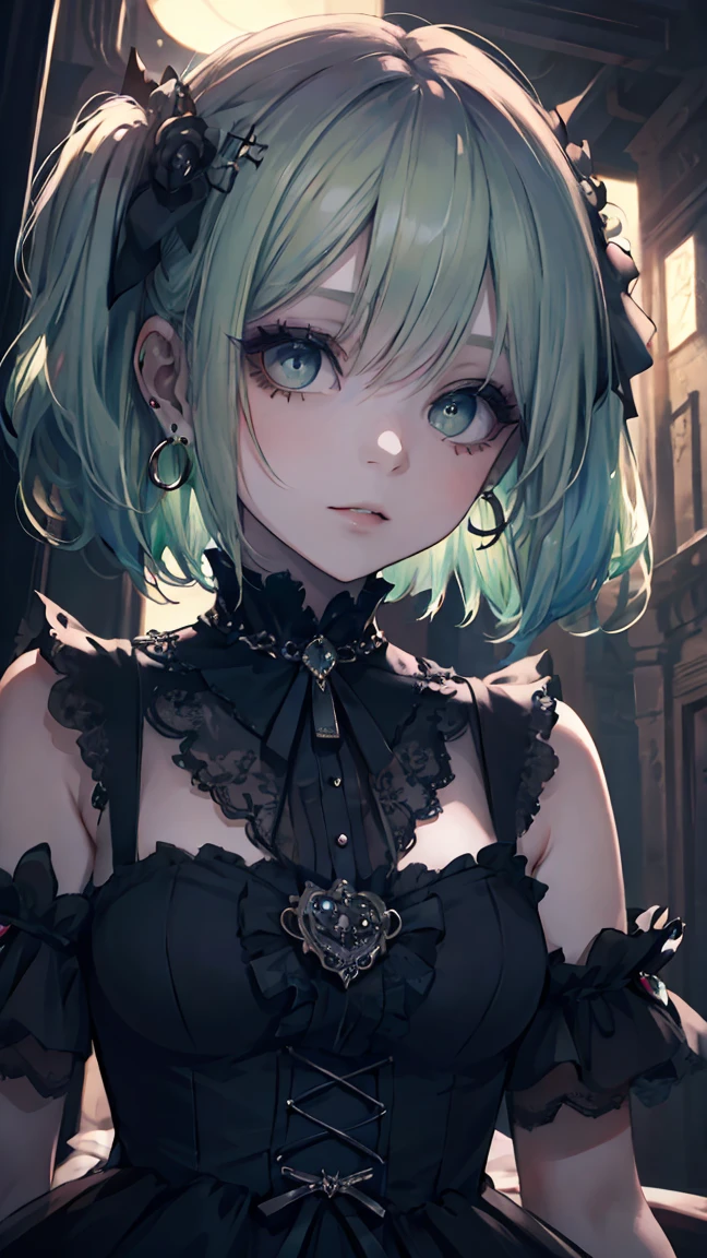 ((masterpiece)), ((best quality)), perfect detailed eyes, perfect detailed face, green hair, short hair, forehead jewel, hollow eyes, hoop earrings, makeup, turn pale, shaded, Baroque, cinematic lighting, high quality, accurate, 8k, Vampire, gothic ****ta style dress, dark blue dress, bats in the background