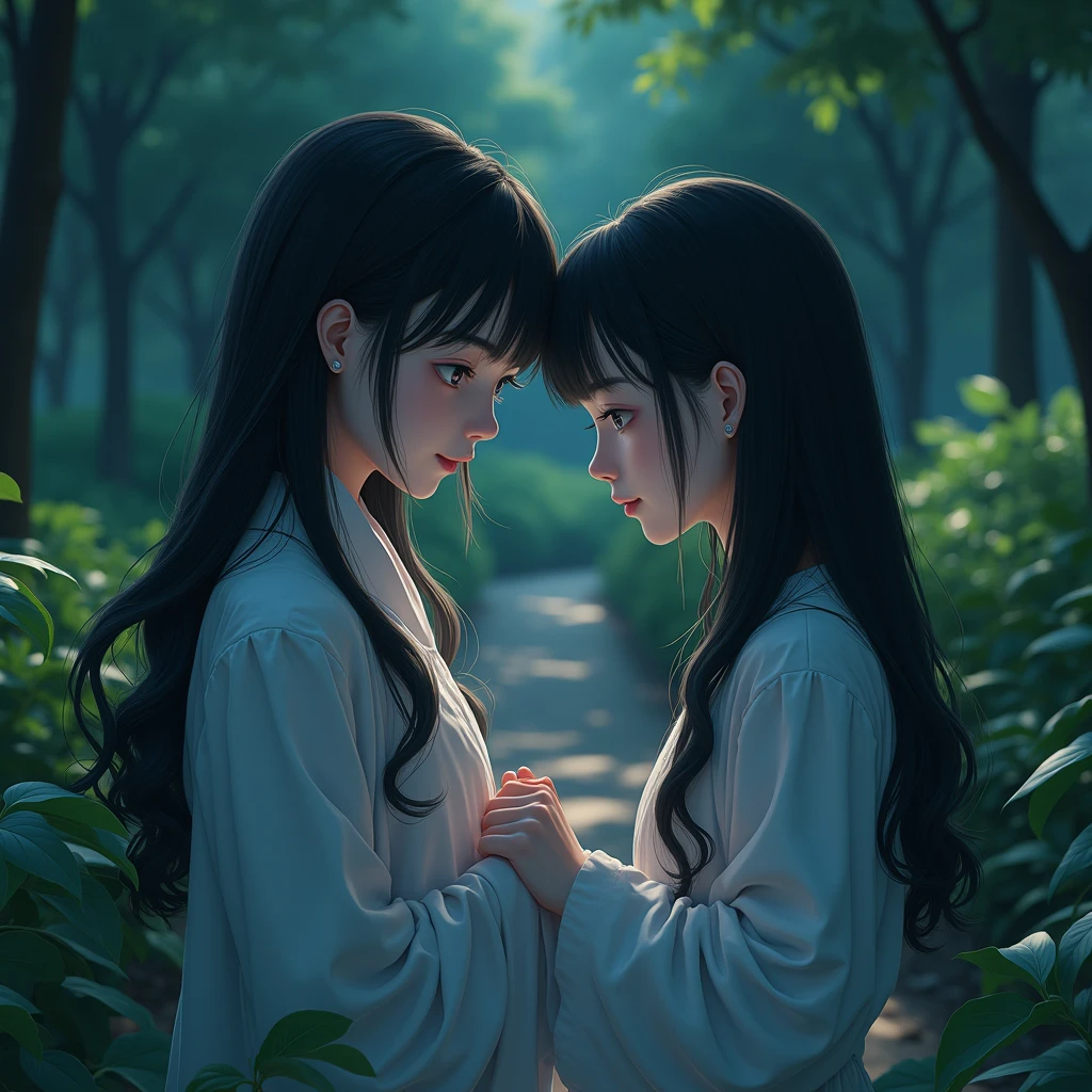 young japanese, Delicate and beautiful face, beautiful black eyes, His face expresses peace, calm, funny, full body girl in the park, night image, hyperrealistic image, vivid colors, photographic quality