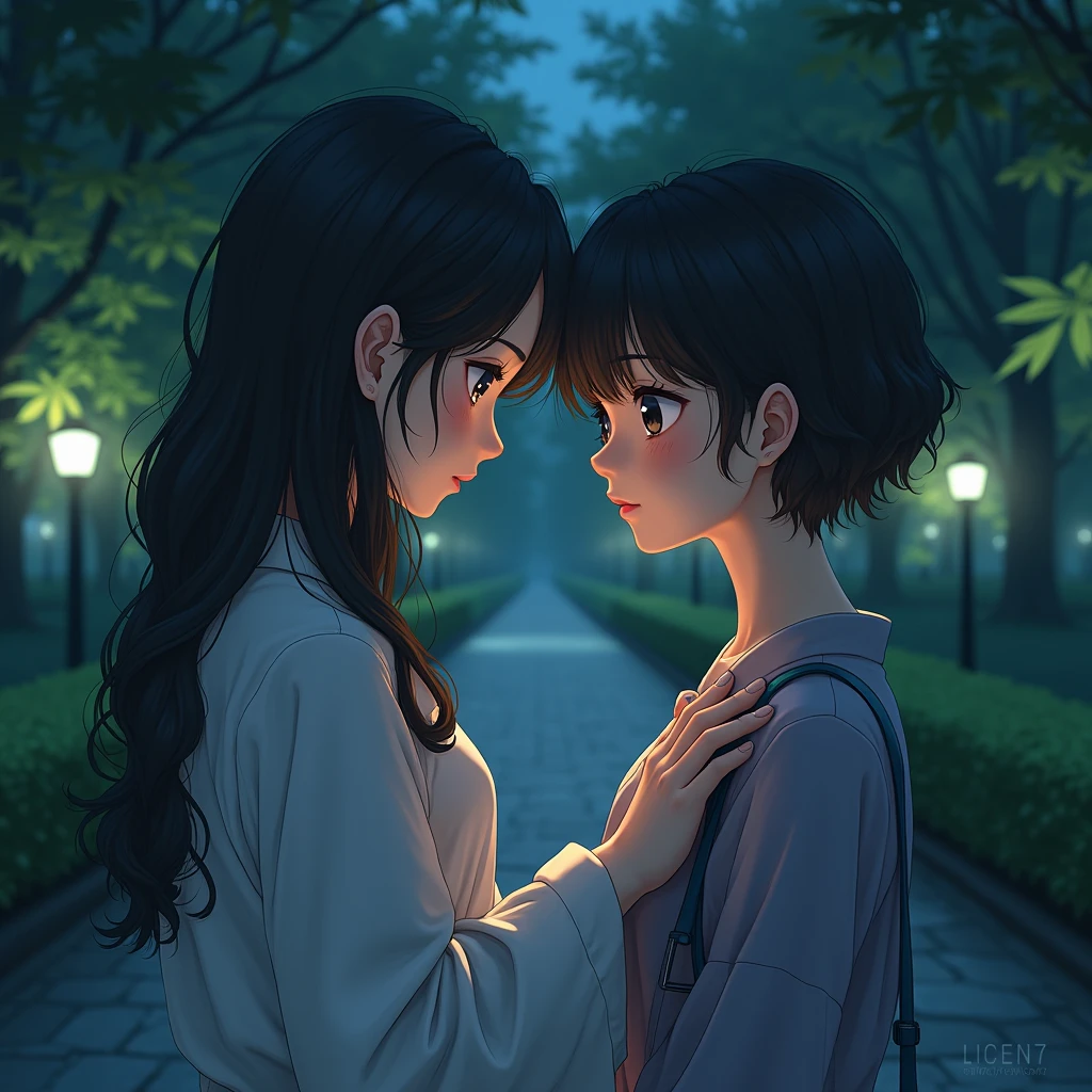 young japanese, Delicate and beautiful face, beautiful black eyes, His face expresses peace, calm, funny, full body girl in the park, night image, hyperrealistic image, vivid colors, photographic quality