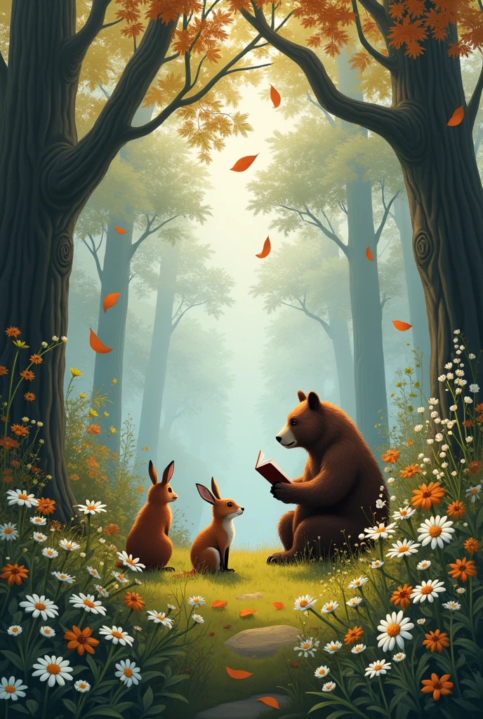 forest with big trees. On the edge of the forest grow different flowers, daisies, lilies of the valley, cornflowers, lilies. A hare, a bear and a fox are sitting opposite each other. A medieval hunter is standing nearby and reading a book to them. Cloudy autumn weather, leaves are falling from the trees.