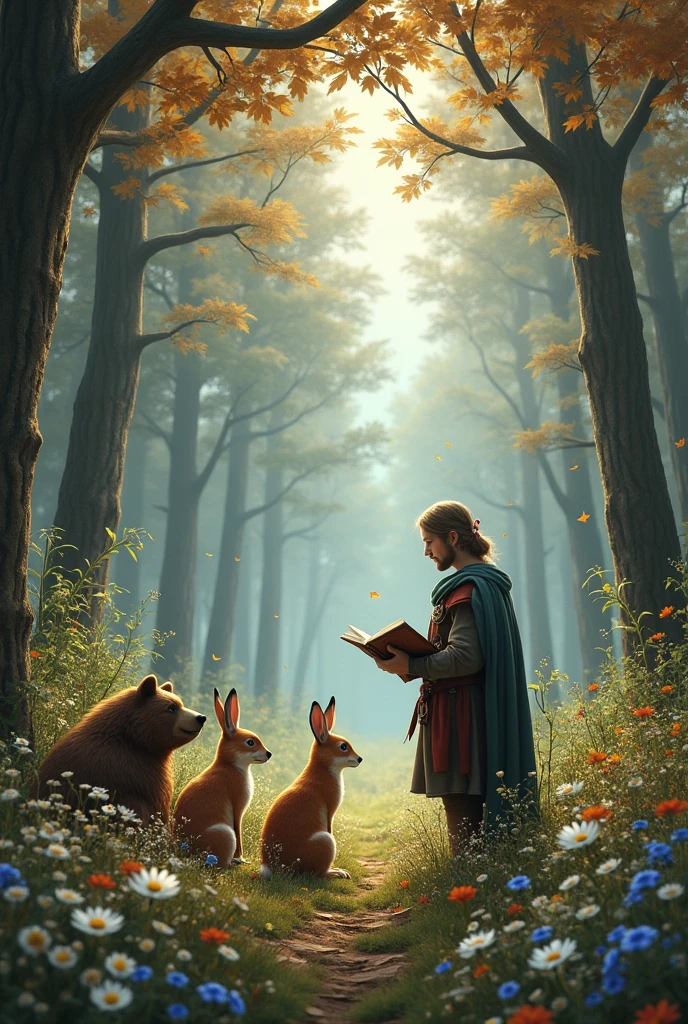 forest with big trees. On the edge of the forest grow different flowers, daisies, lilies of the valley, cornflowers, lilies. A hare, a bear and a fox are sitting opposite each other. A medieval hunter is standing nearby and reading a book to them. Cloudy autumn weather, leaves are falling from the trees.