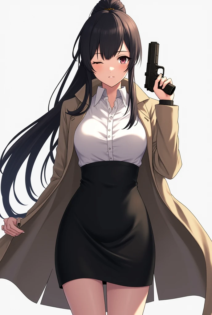 full body, (ponytail forehead hair pulled back):1.3, black hair, one closed eyes, weating trench coat, holding glock with white shirt and black skirt standing badass, anime style, from girls frontline, fine details. girls frontline, girls frontline universe, girls frontline style, girls frontline, girls frontline cg, soft anime illustration, 2 0 2 2 anime style, 2022 anime style, pixiv contest winner, pretty anime character design, render of april