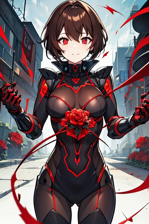 Robot woman, short brown hair, black eyes with red pupil, with roses and thorns all over the body, cables sticking out, terrifying, with a macabre smile, with blood