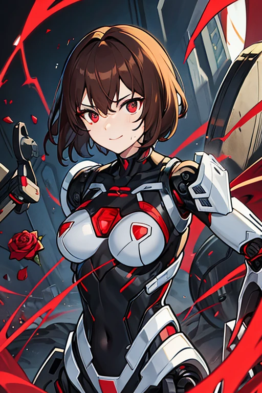 Robot woman, short brown hair, black eyes with red pupil, with roses and thorns all over the body, cables sticking out, terrifying, with a macabre smile, with blood