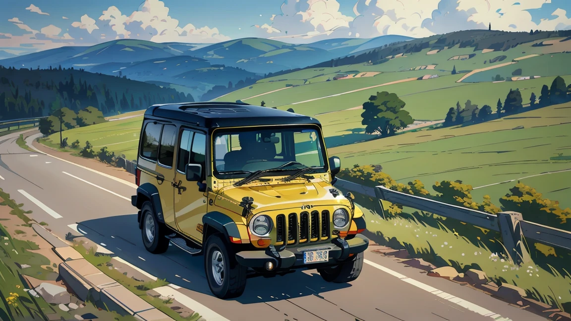 a open jeep car, a beautiful scenery, acrylic painting, trending on pixiv fanbox, palette knife and brush strokes,hilly grassland area ,style of makoto shinkai jamie wyeth james gilleard edward hopper greg rutkowski studio ghibli genshin impact, view from outside the mini bus ,drone view ,view from above the ground from sky