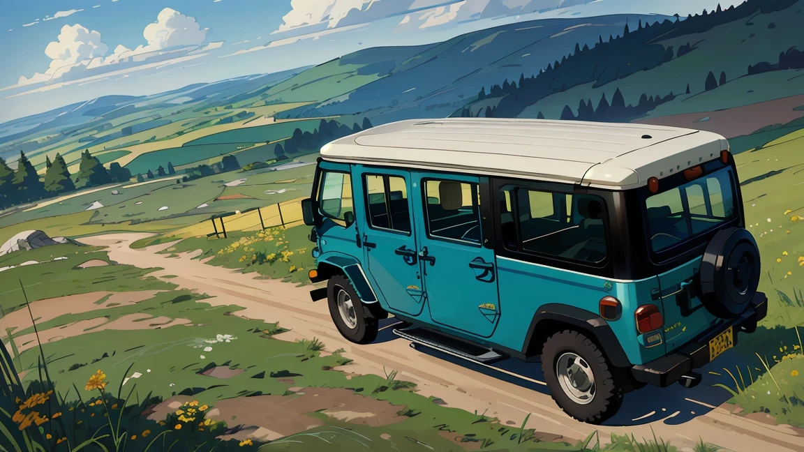 a open jeep car, a beautiful scenery, acrylic painting, trending on pixiv fanbox, palette knife and brush strokes,hilly grassland area ,style of makoto shinkai jamie wyeth james gilleard edward hopper greg rutkowski studio ghibli genshin impact, view from outside the mini bus ,drone view ,view from above the ground from sky