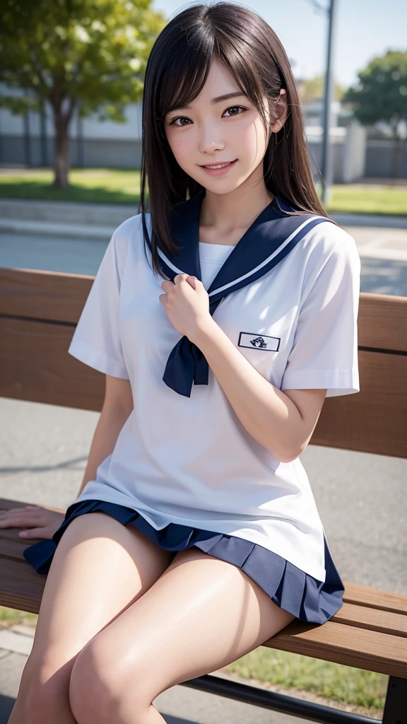 A Japanese girl sitting on a bench in the schoolyard with her legs in an M-shape、She is wearing a small, stylish, thin, white Japanese sailor uniform.、Actual photo、High resolution, masterpiece, Accurate, Anatomically correct, 最高quality, Attention to detail, High resolutionモデル, 高quality, quality, Very detailed, Textured skin, 超High resolution, Shortcuts, smile, Valletta, 8k octane, 3D Rendering, 