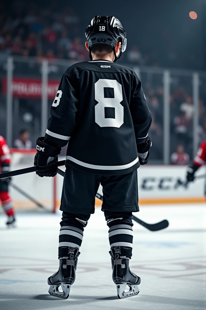 A single boy playing ice hockey wearing black gersy and black helmet jersey no.8 holding a ccm black stick showing his back background stadium