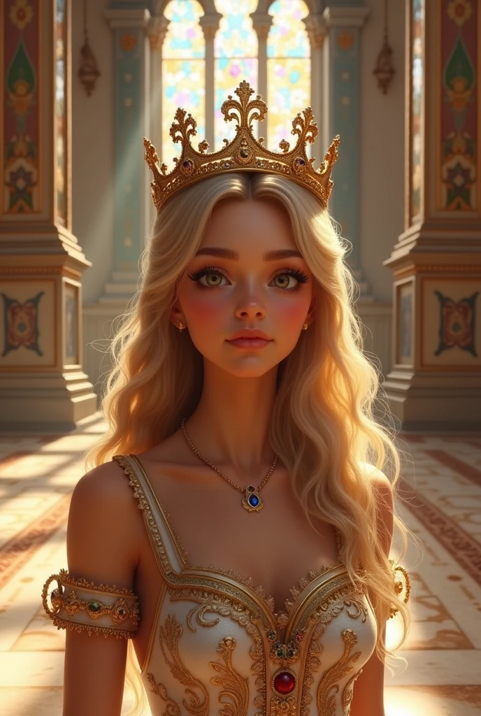 A girl with long golden hair, choppy bangs, Nordic heritage, a  figure, delicate facial features, pale skin, porcelain skin, an innocent yet determined gaze, she wears an exquisite headband, dressed in a fantasy-style Slavic royal dress, a fur shawl draped over her shoulders, wide sleeves, a luxurious layered skirt, the background features a fantasy-style royal castle, this character embodies a finely crafted fantasy-style Slavic princess in anime style, exquisite and mature manga art style, high definition, best quality, highres, ultra-detailed, ultra-fine painting, extremely delicate, professional, anatomically correct, symmetrical face, extremely detailed eyes and face, high quality eyes, creativity, RAW photo, UHD, 32k, Natural light, cinematic lighting, masterpiece-anatomy-perfect, masterpiece:1.5 sultry look, seductive
