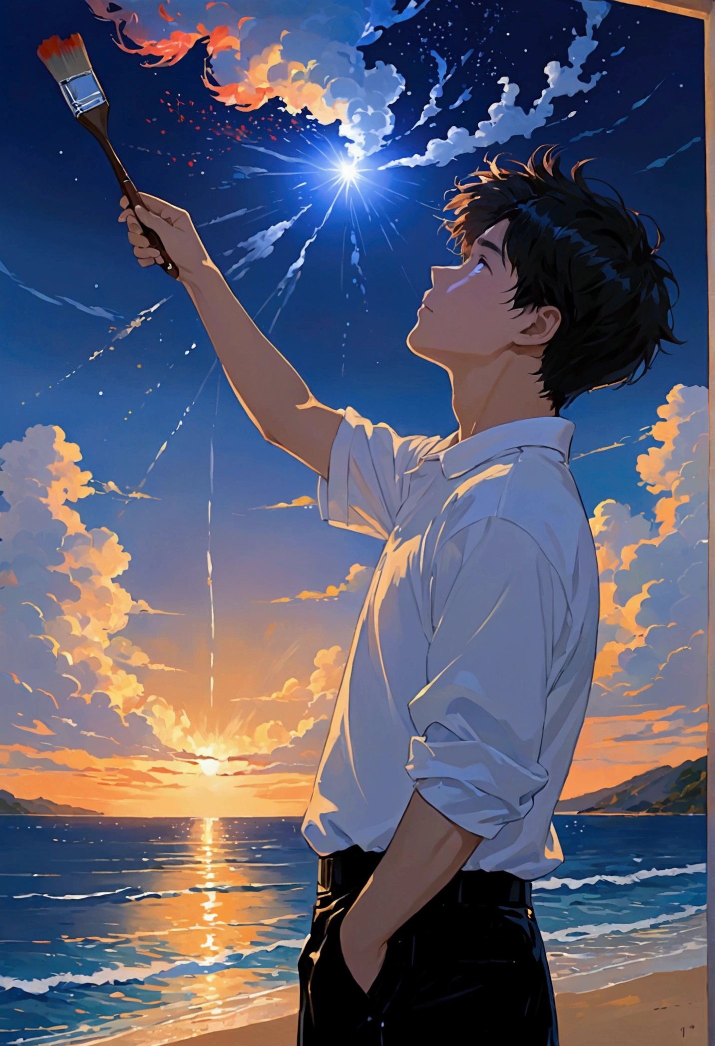 “japanese highschool boy”, “looking up at sky”, “holding paint brush, “painting sky”, “white polo shirt”, “by the ocean”, “night time”, “light shining from brush”, “sparkles exploding from brush”, “warm and cold”, “paint strokes exploding from brush”, “wind blowing strong at boy’s hair”, “wind from brush”