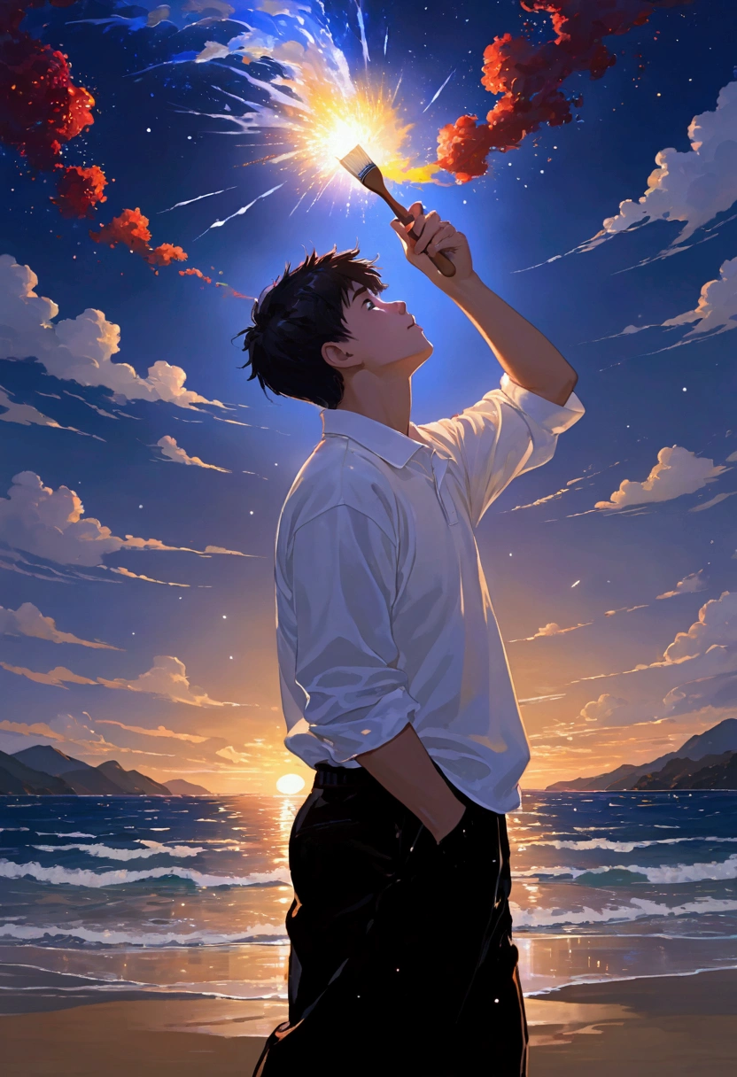  
“japanese highschool boy”, “looking up at sky”, “holding paint brush, “painting sky”, “white polo shirt”, “by the ocean”, “night time”, “light shining from brush”, “sparkles exploding from brush”, “warm and cold”, “paint strokes exploding from brush”, “wind blowing strong at boy’s hair”, “wind from brush”