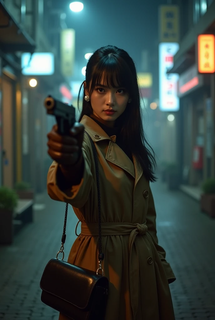 real life modern Photo. full body view of a radiant Japanese woman. large breasts. 24 years-old. straight black hair pinned back with bangs. narrow eyes. Traditional beauty. smoky eyeshadow. evening makeup. small pearl earrings. Wearing brown pvc macintosh coat with high collar. belted at waist. (Long, tight fitted dark brown leather gloves). Black heel boots. Holding black purse. Stern look. Pointing a M92F beretta with silencer at viewer. in alley near Shinjuku station Tokyo. Winter. heavy fog