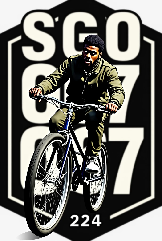 I would like a logo with sgo 067 written in a thick white font with black borders and 244 written underneath with a black guy on a Monark bike.