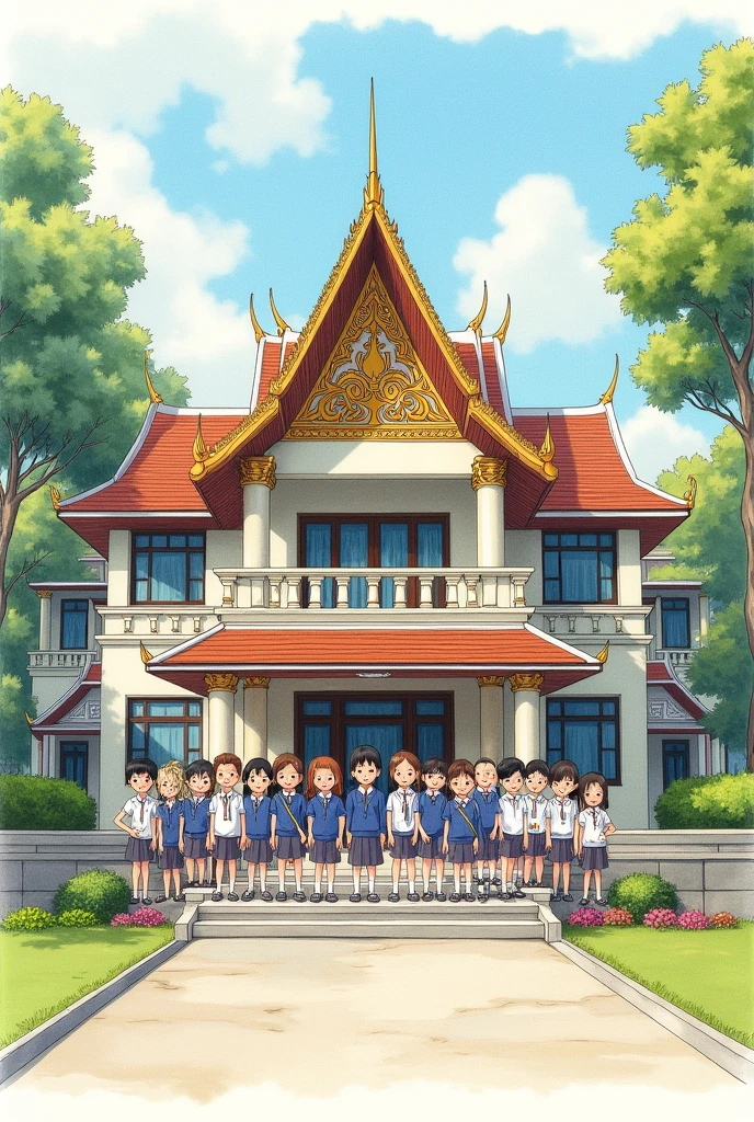 Drawing of Thamakawittayakhom School with children lining up.