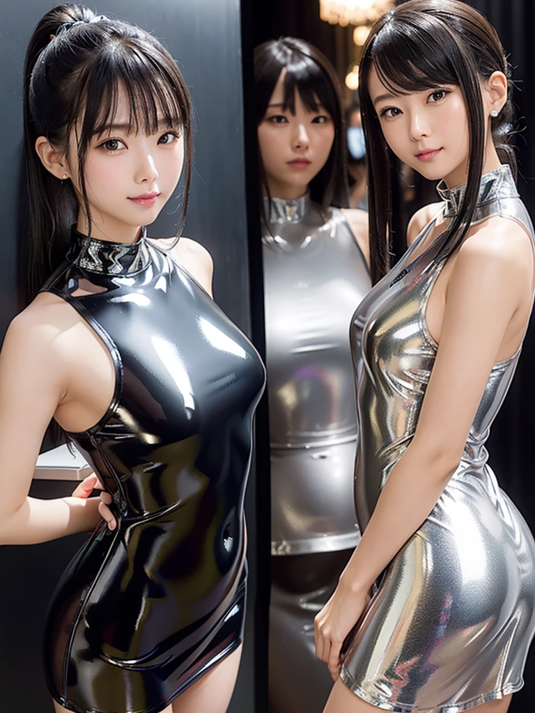 12-year-old idol、Highest quality、masterpiece、Ultra-high resolution、RAW Photos、(Realistic:1.4)、1 girl、very cute、 Adorable、 (Shiny tight dress), sexy、Beautiful body lines、(Face without makeup:1.3)、 (Super reflective latex Polarized Paint Dress:1.7)、Very attractive 、((Slim Belly:1.3、Tight waist:1.3))、Small beautiful butt、（Short ponytail hairstyle：1.6）、The arms are bare skin、Common poses、Accurate finger painting,ラテックス素材のPolarized Paint Dress、Super tight dresses、smile、Real Face without makeup、Full body photo、Beautiful black hair、Hair color is black、round jawline、Full body photo撮影、Japanese Girls、（Super short skirt：1.3）、Polarized Paint Dress、Polarized paint latex、Wide-angle fisheye lens、Idol looking down at the camera、close、Ground to ceiling camera angle、Shot from very low angles、(Detailed hands、The right move:1.2)、(Detailed eyes and face:1.2、Professional photography techniques)