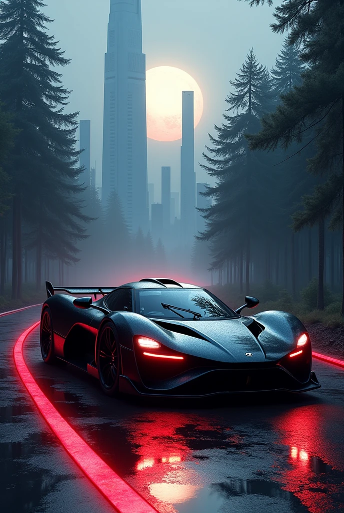 A GT 7 standing black colour , moon , trees , red light road many high building