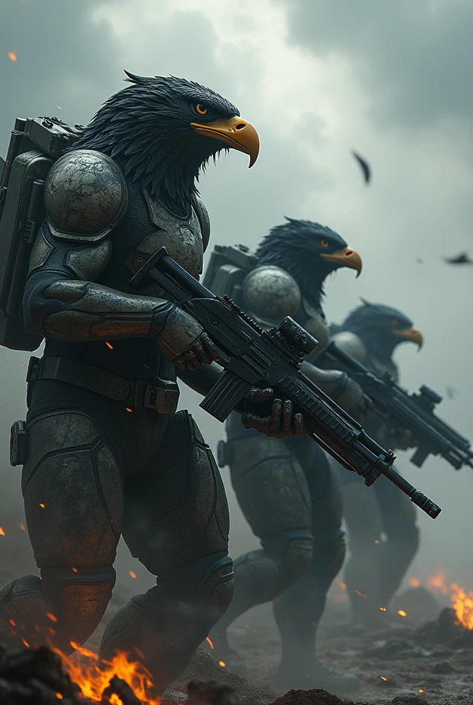 Four eagle faced human soldier with guns