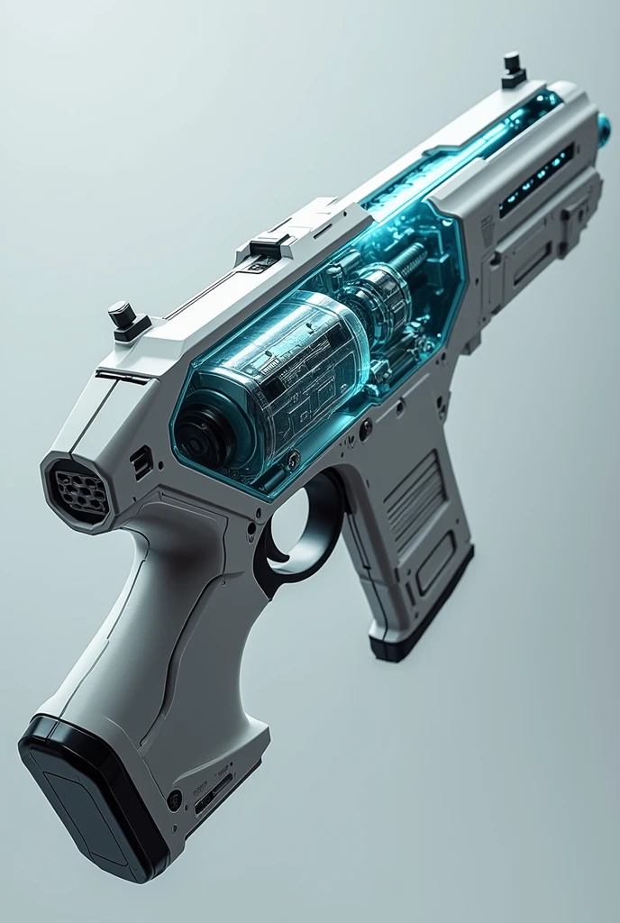 A gun that has a transparent part and is futuristic