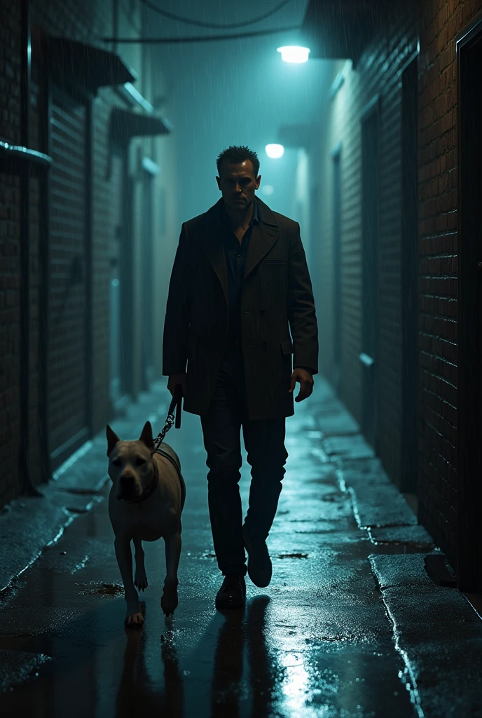 Man walking down an alley on a rainy night, with a white pitbull on a leash, This one goes in front of its owner, the characters are clearly seen