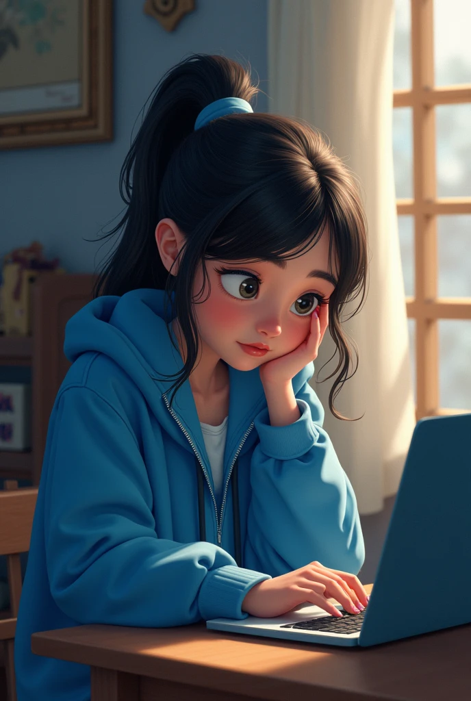 A DISNEY GIRL TIRED OF WORKING ON LAPTOP IN BLUE COAT