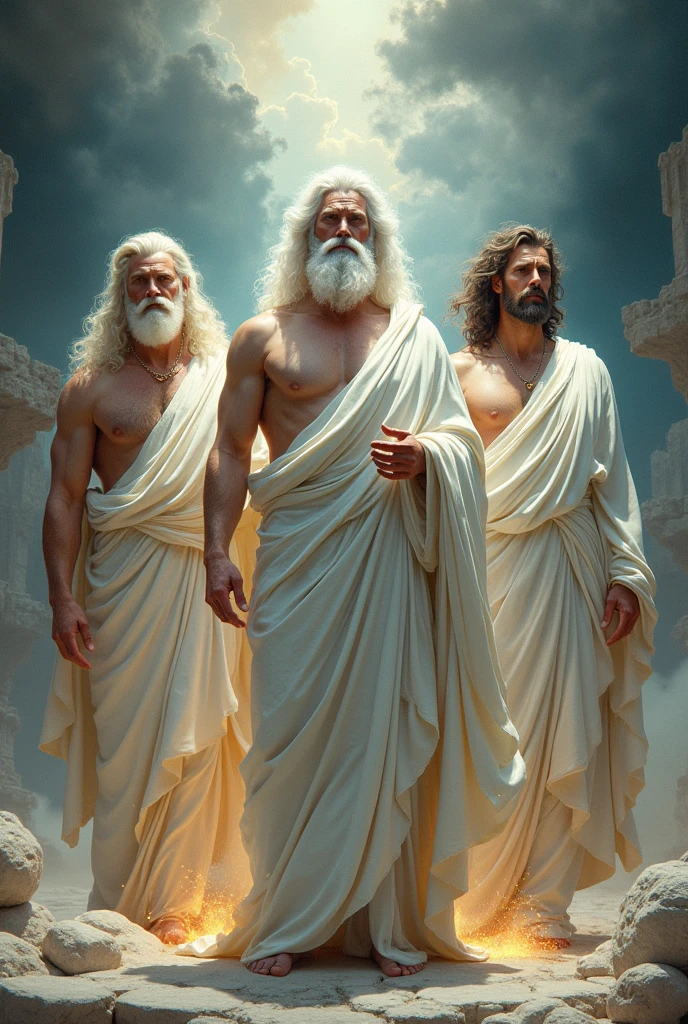 Gods of Olympus as Chemical Elements, Zeus the potassium, Poseidon the sodium, Ares lithium, The three may be dressed in white and represented by their elements
