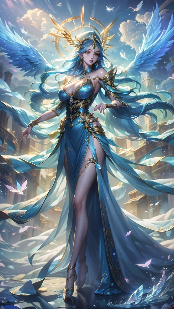 an oriental goddess,Arya,Long flowing blue hair,Wing head decoration,Big breasts.thin waist,nude,Transparent lace dress,Wings Shoes,bouquet in hand,best quality,masterpiece,Ultra-high resolution(2:0),