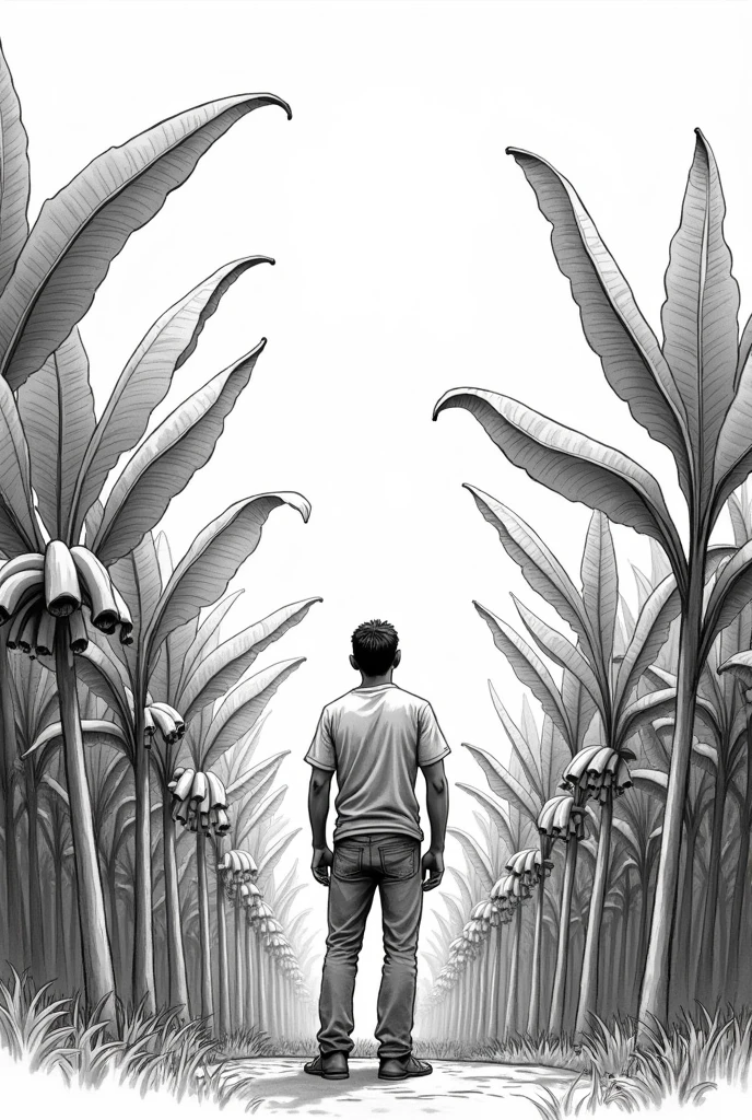Create a black and white drawing that shows a farmer looking at his large banana plantation. Don&#39;t make it too realistic that you can draw it , make it less realistic but make the bananas stay on their bush , Make the plants taller and have the bananas hanging down. Remove some of the roots from the banana plants so that they are just one trunk with leaves on top and the bananas hanging down. 