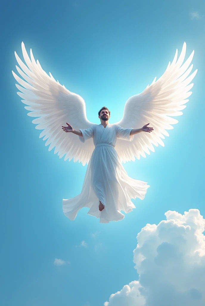 (photorealism:1.2), A man, with white angel wings flying in the blue sky