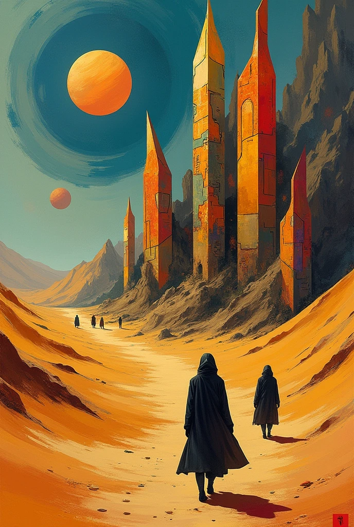 painting about dune world based on Frank Herbert books, with details of fantasy and science fiction, in the style of a Picasso painting