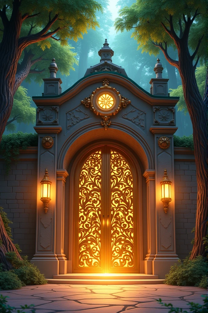Janret in cinemetic 3d carton stail **"Entrance of the Magic School":** The grand entrance of the magical school, with intricate designs on the golden doors, glowing inscriptions, and surrounding trees with sparkling leaves.