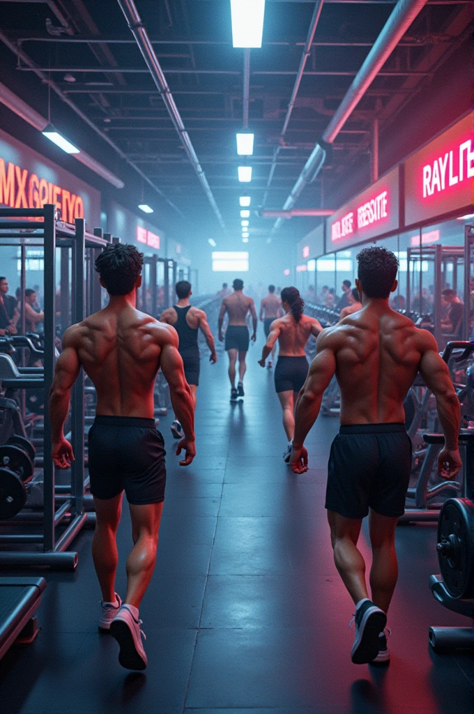 a group of four muscular men wearing black shirts and jackets, punk rockers, rock band at the gym, the musicians are strong, have tattoos, realistic, photography, photo,(best quality,4k,8k,highres,masterpiece:1.2),ultra-detailed,(realistic,photorealistic,photo-realistic:1.37),HDR,UHD,studio lighting,extremely detailed faces and bodies,highly detailed tattoos,dramatic lighting,gritty,edgy,moody