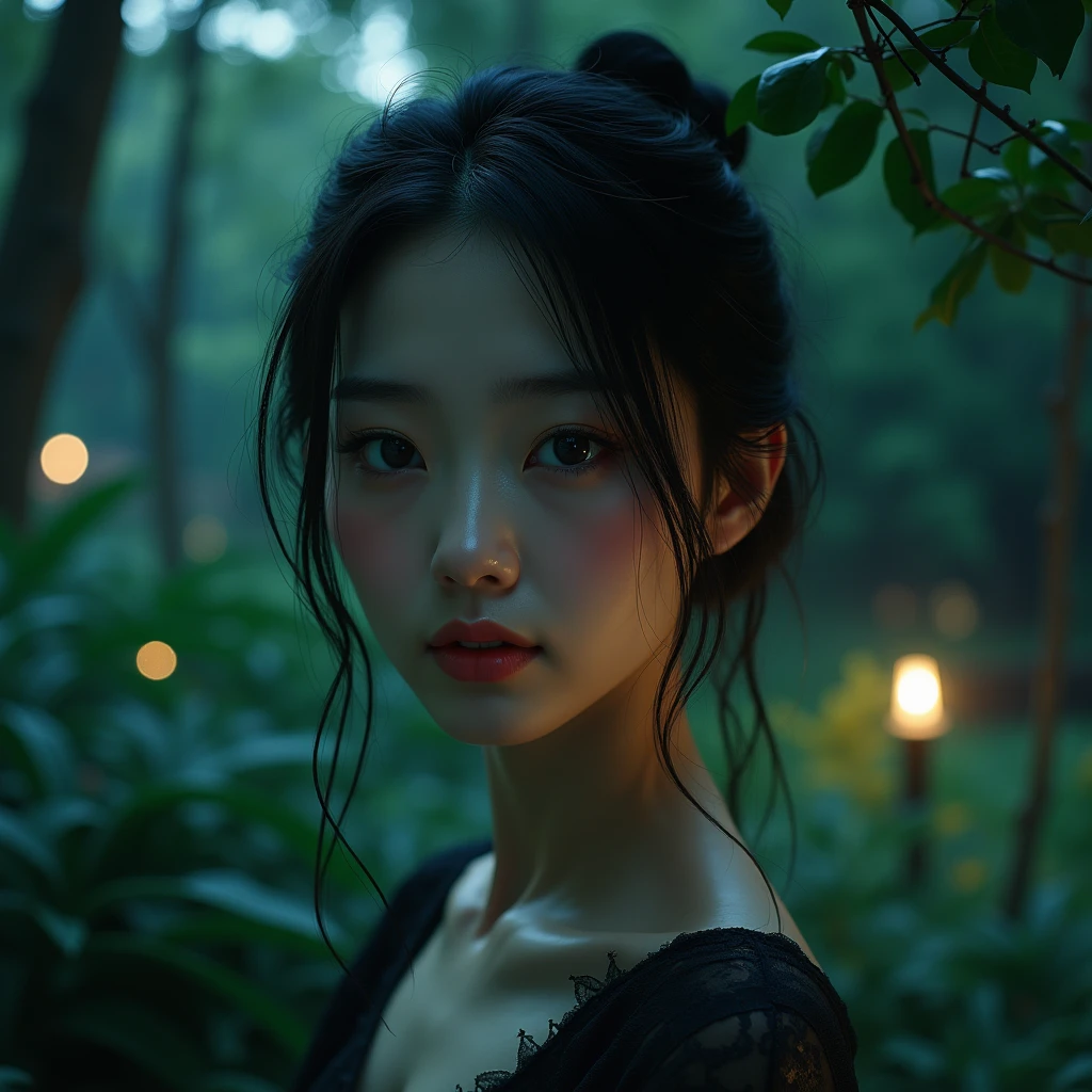 Hyperrealistic Japanese girl (((Alone woman))), Delicate and beautiful face, beautiful black eyes, His face expresses peace, calm, funny, full body girl in the park, night image, hyperrealistic image, vivid colors, photographic quality