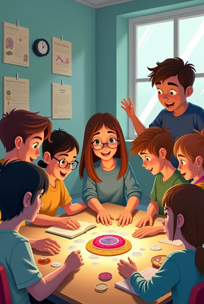 An image depicting a group of students with visual and hearing disabilities learning about the structure and function of the cell. The students are gathered around a table, some examining tactile models of cell organelles, while others are using magnifying glasses and braille learning materials. A few students are watching a sign language interpreter who is explaining the different parts of the cell. The classroom has been designed with accessibility in mind, with large-print diagrams on the walls and audio descriptions playing through speakers. The students' faces show engagement and curiosity as they actively explore and discuss the complexities of the cell. The image conveys an inclusive learning environment where students of diverse abilities can access and understand the fundamental building blocks of life.