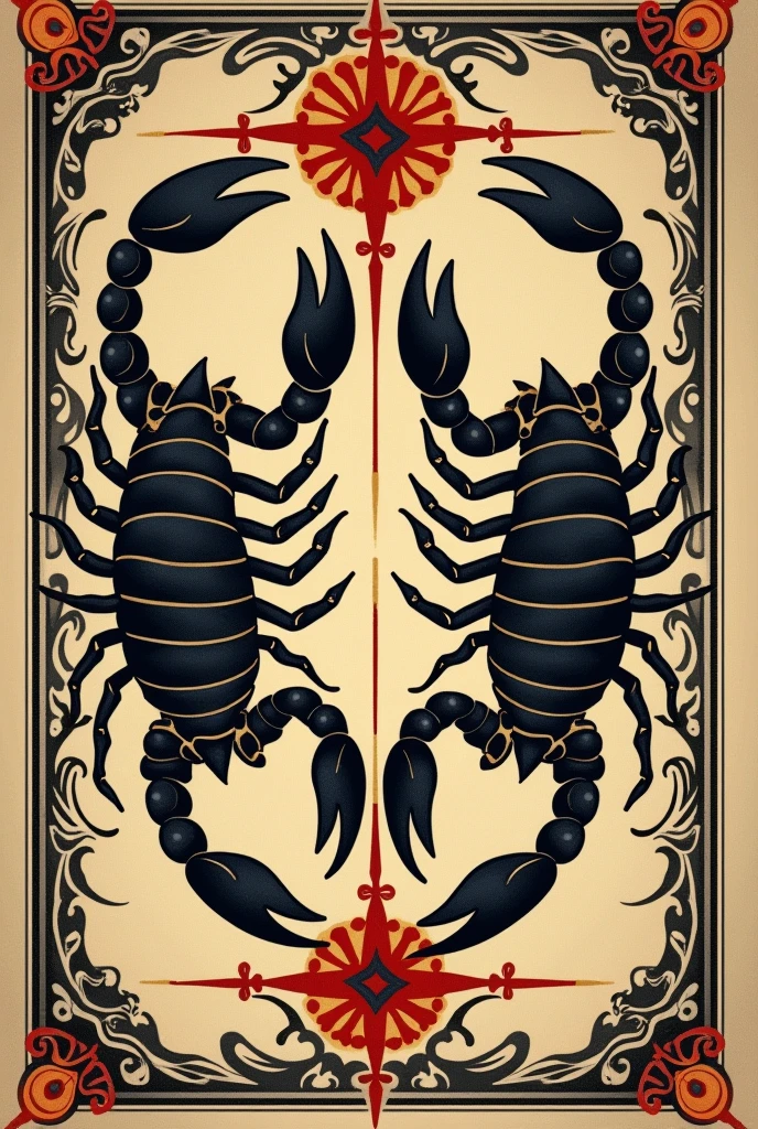 Draw a tattoo of two scorpions on a gypsy tarot card. One upside down, the other upside down. They represent sign and ascendant. The tattoo should be in the old school style in color., prioritizing the colors black, offwhite, gold and red