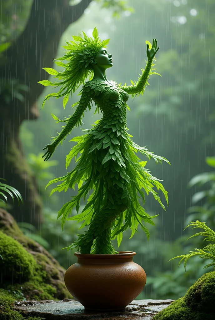 A human like figure made of leaves dancing on a pot, forest rain background